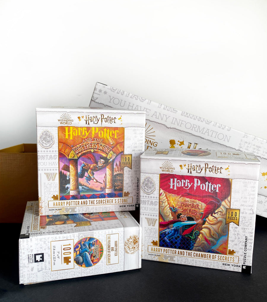 Harry Potter mini puzzle boxes arranged in a styled stack