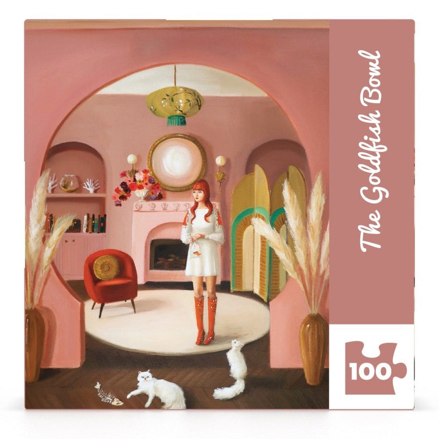 Packaging showing The Goldfish Bowl Mini puzzle artwork