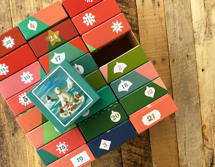 Janet Hill advent calendar carton open to its mini boxes