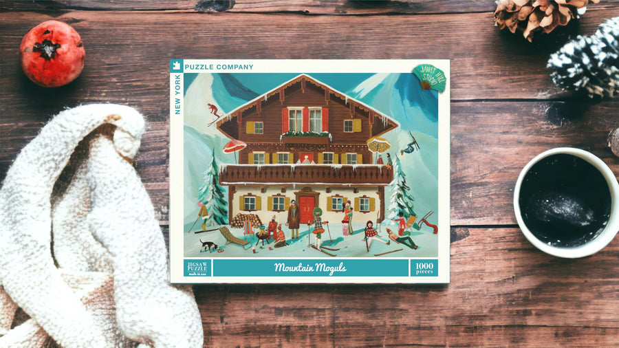 Mountain Moguls puzzle box in a styled photograph
