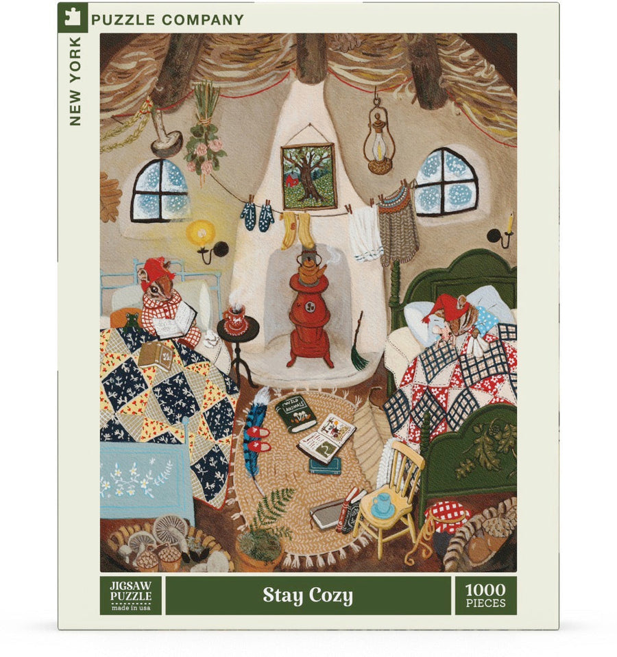 Packaging showing Stay Cozy puzzle artwork