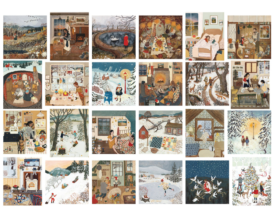 Collage of Loré Pemberton advent calendar puzzle artwork