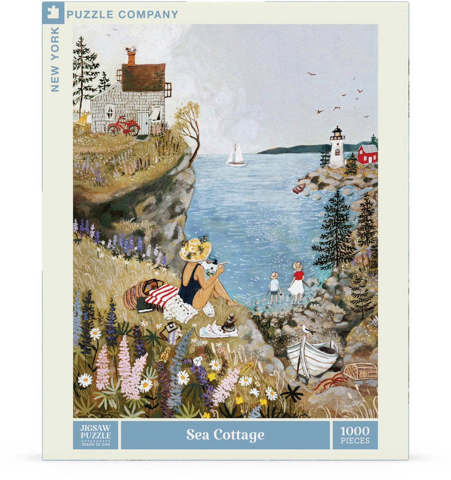 Packaging showing Sea Cottage puzzle artwork