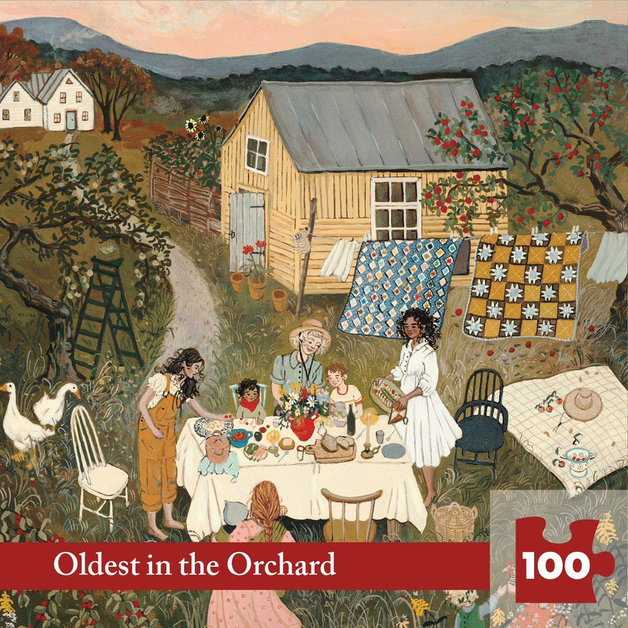 Packaging showing Oldest in the Orchard Mini puzzle artwork