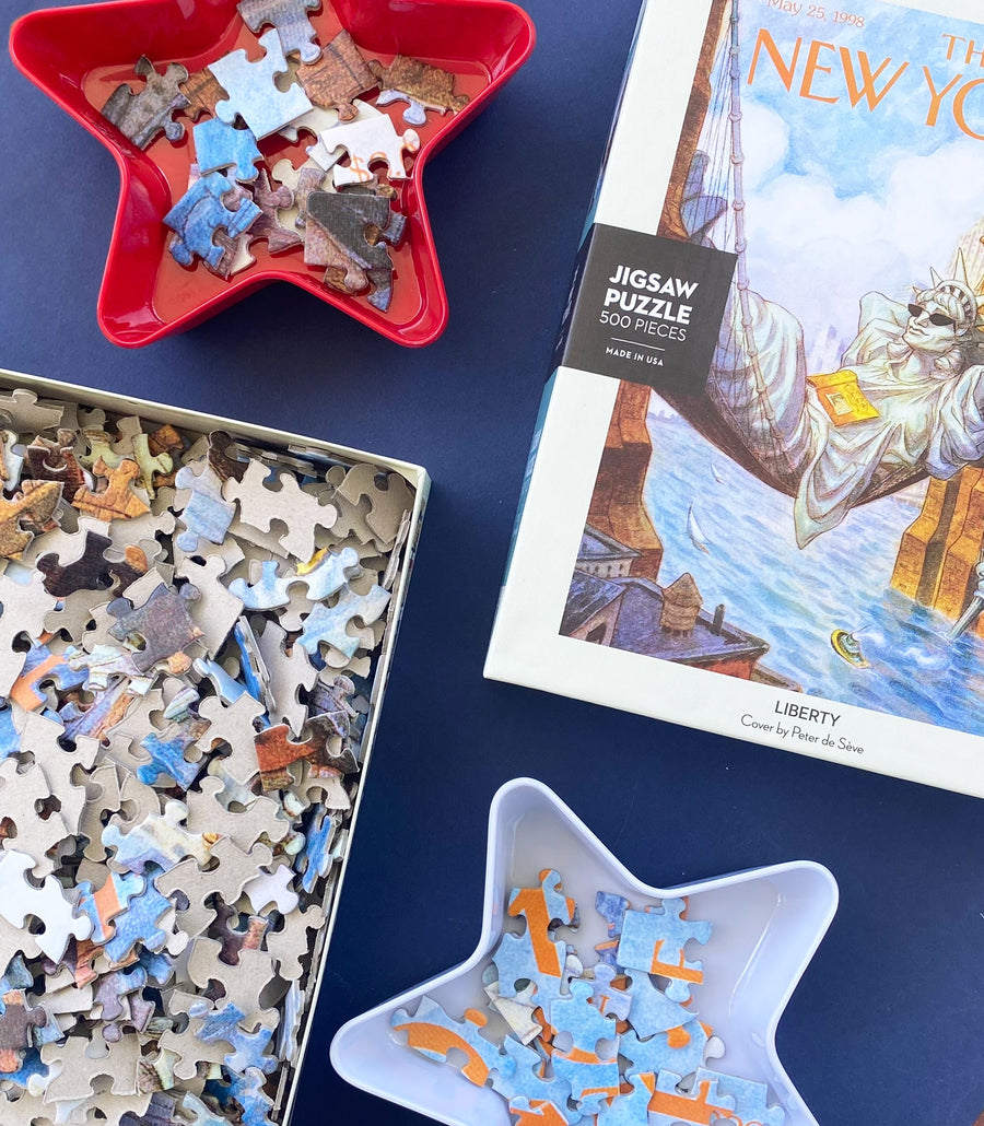 Liberty puzzle in a styled tabletop photograph