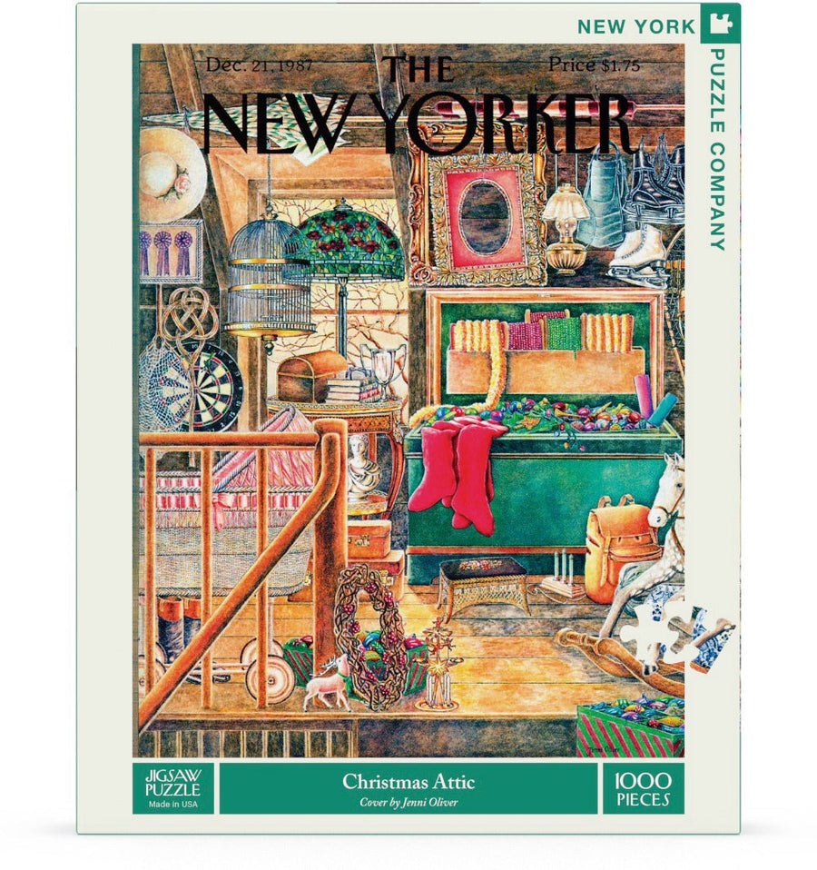 Packaging showing Christmas Attic puzzle artwork