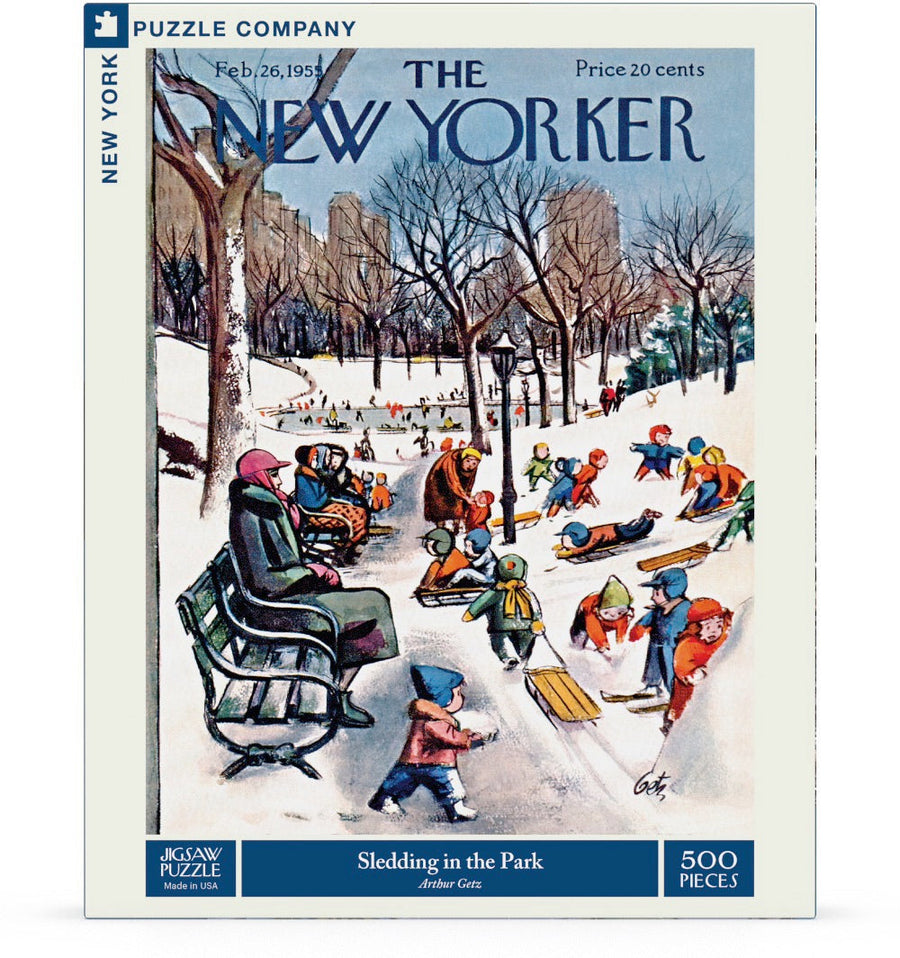 Packaging showing Sledding in the Park puzzle artwork