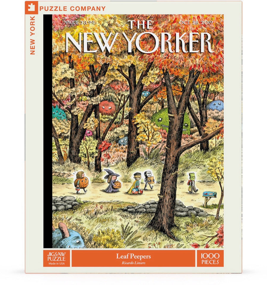 Packaging showing Leaf Peepers puzzle artwork
