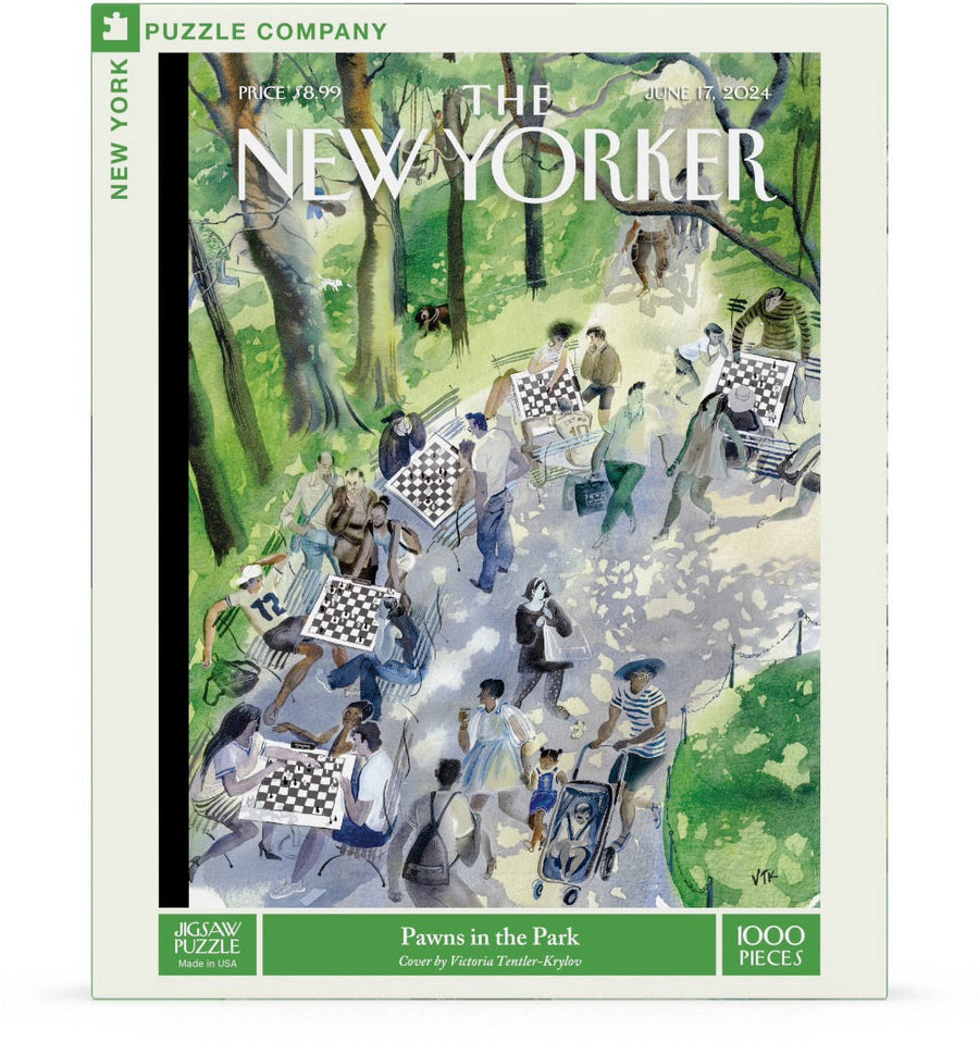 Packaging showing Pawns in the Park puzzle artwork