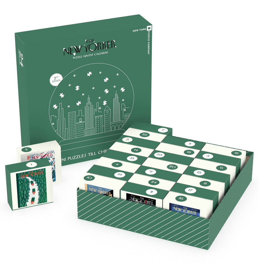 Open green New Yorker advent calendar with individual mini boxes