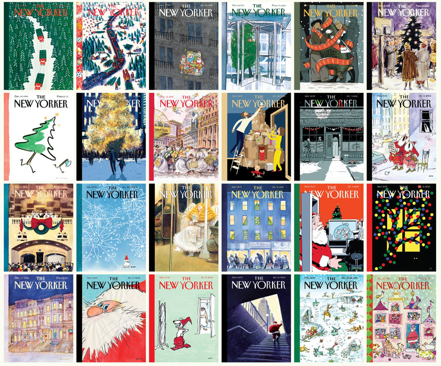 Collage of New Yorker advent calendar second-edition puzzle artwork