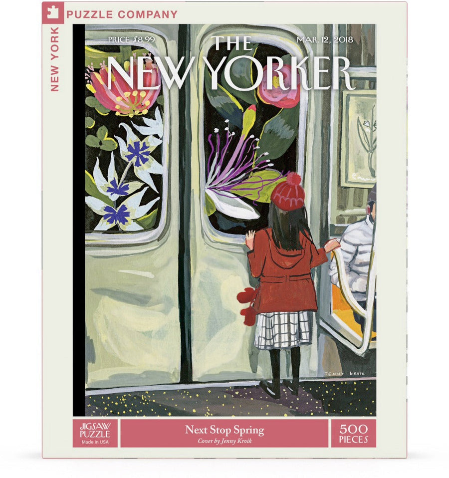 Packaging showing Next Stop Spring puzzle artwork