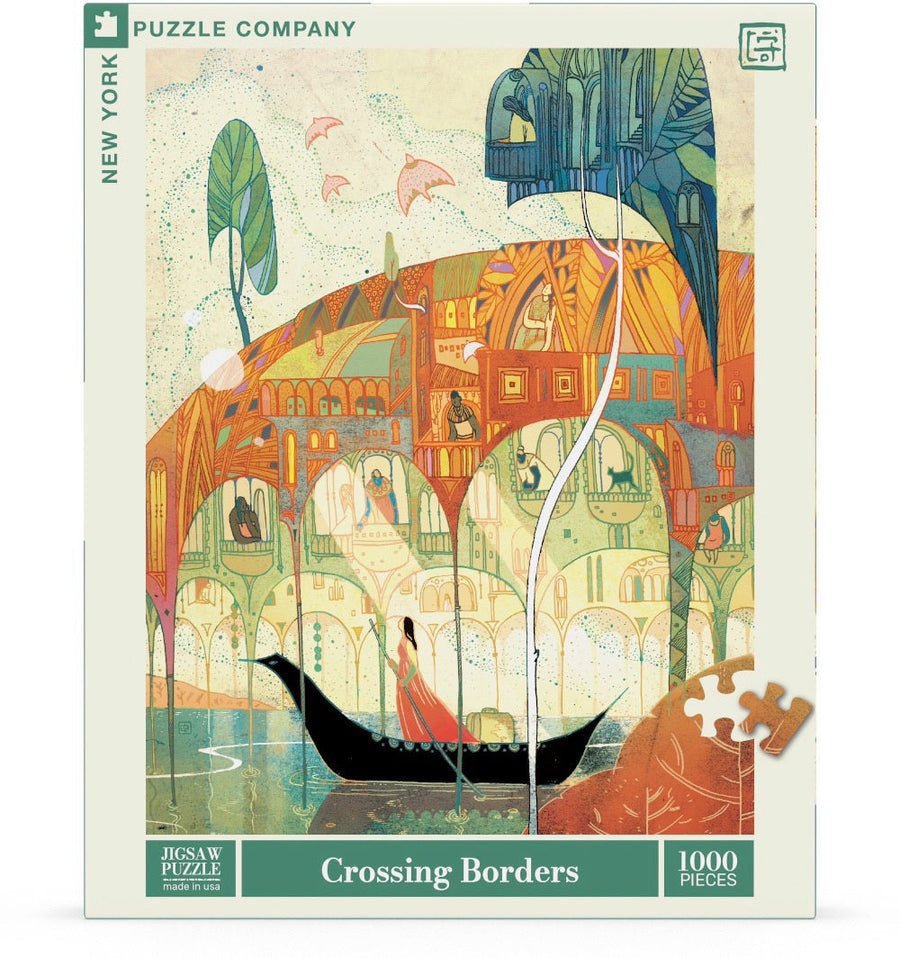Packaging showing Crossing Borders puzzle artwork