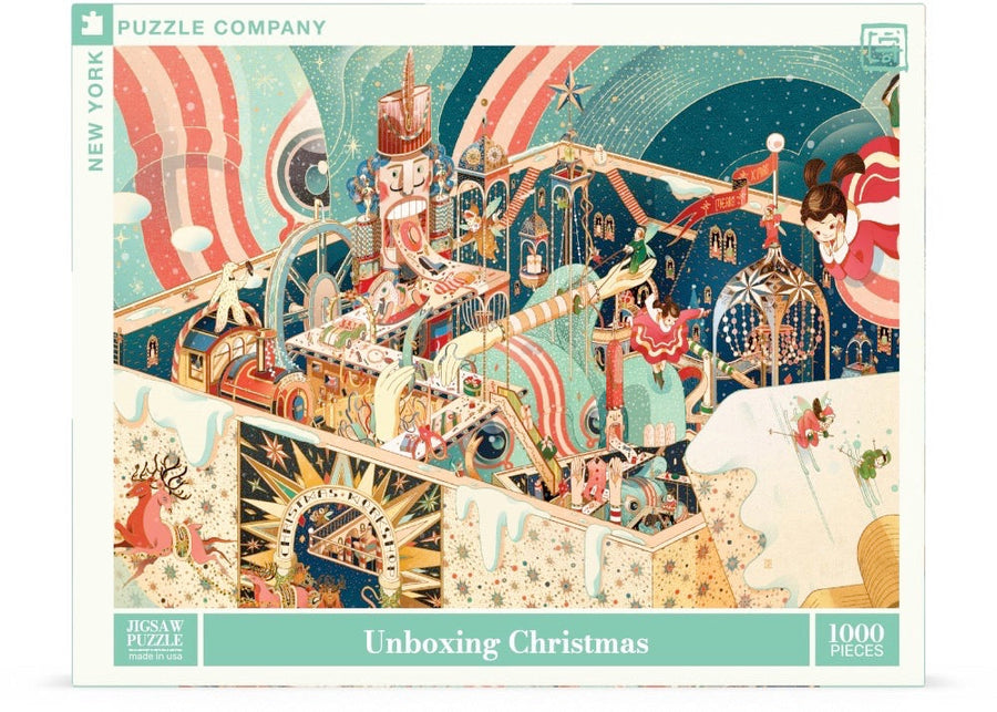 Packaging showing Unboxing Christmas puzzle artwork