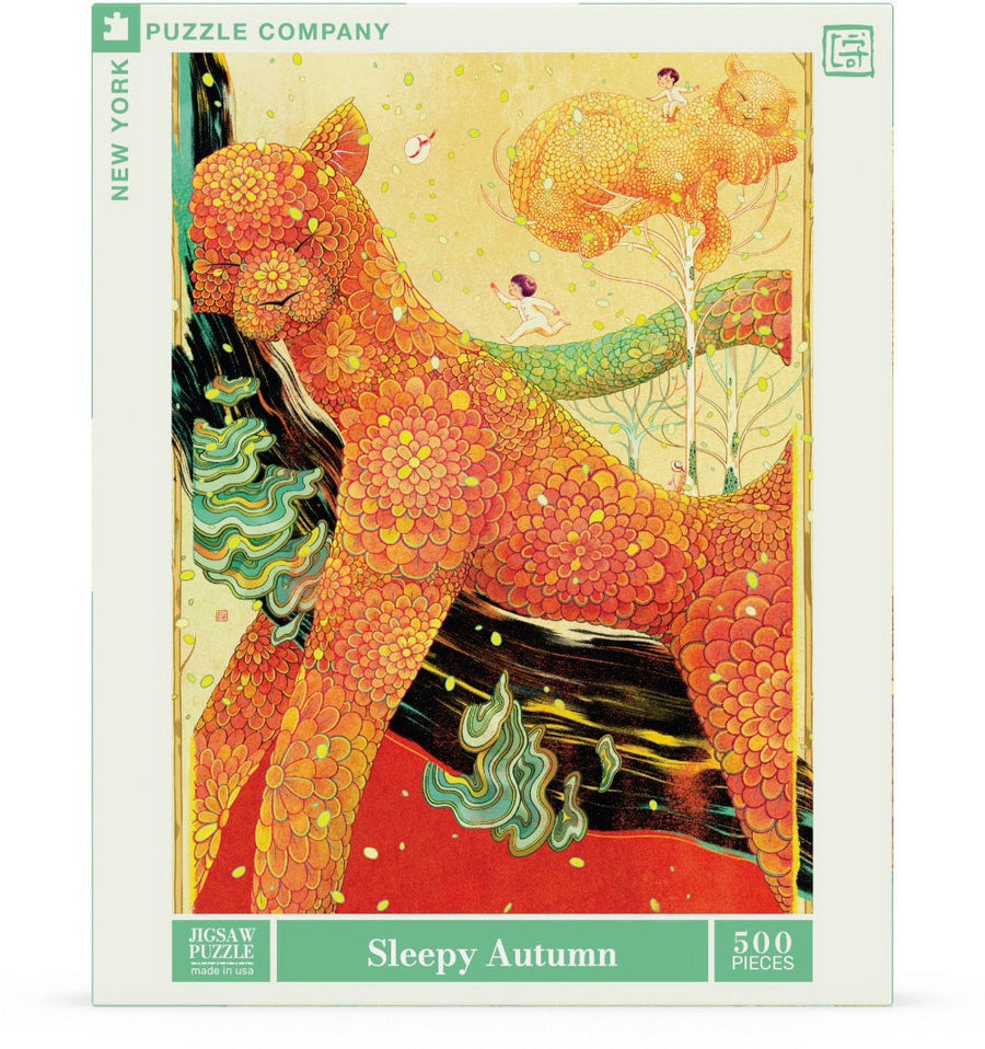 Packaging showing Sleepy Autumn puzzle artwork