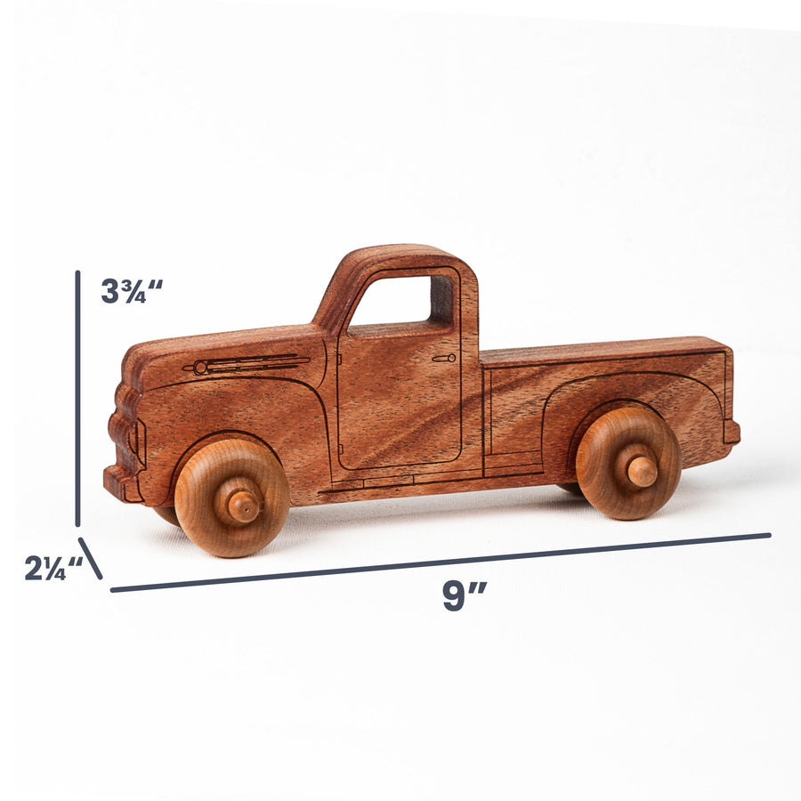 Natural Mahogany Toy Pickup Truck, 9 in. with dimension annotations