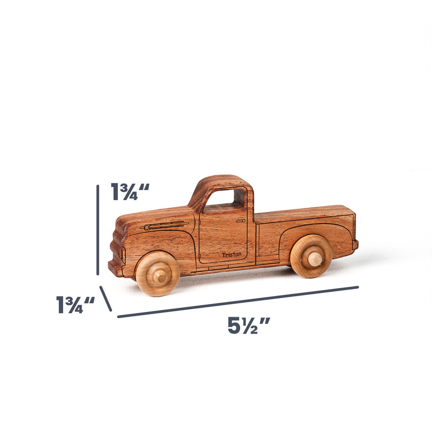 Natural Mahogany Toy Pickup Truck, 5.5 in. with dimension annotations