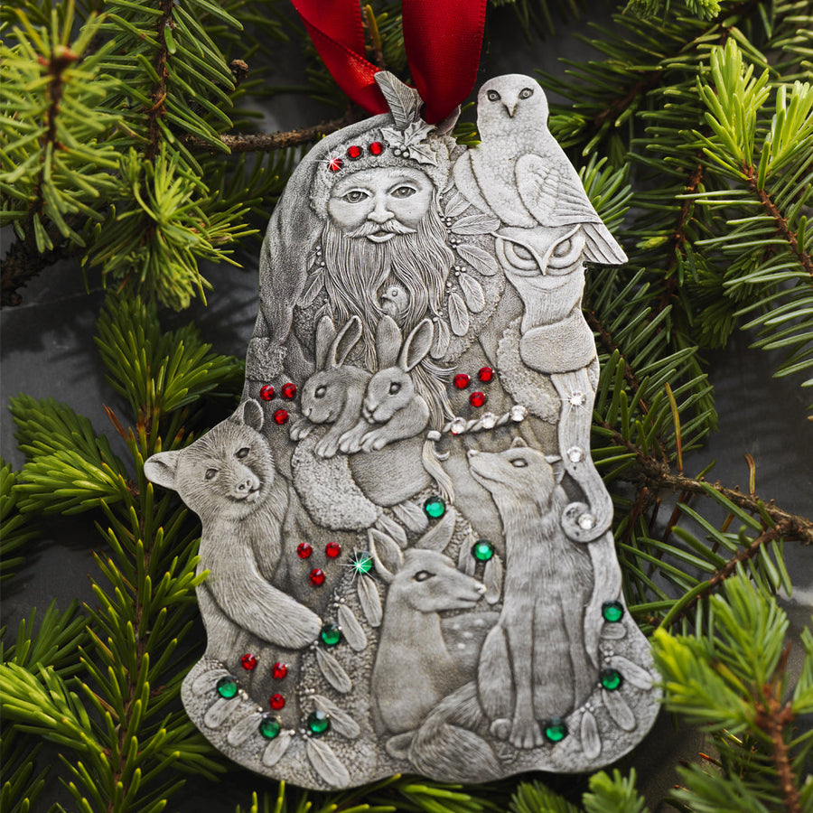 Styled display featuring Woodland Santa Ornament