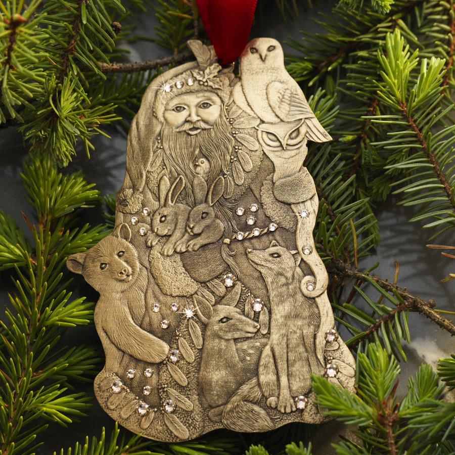 Styled display featuring Woodland Santa Ornament