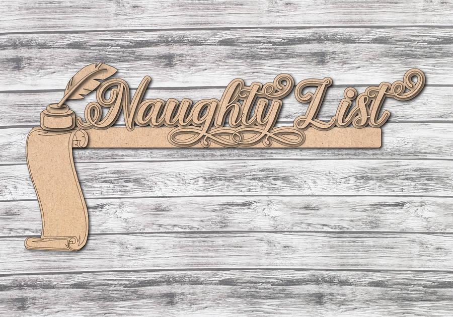 Unfinished Naughty List scroll decoration for a door-frame corner