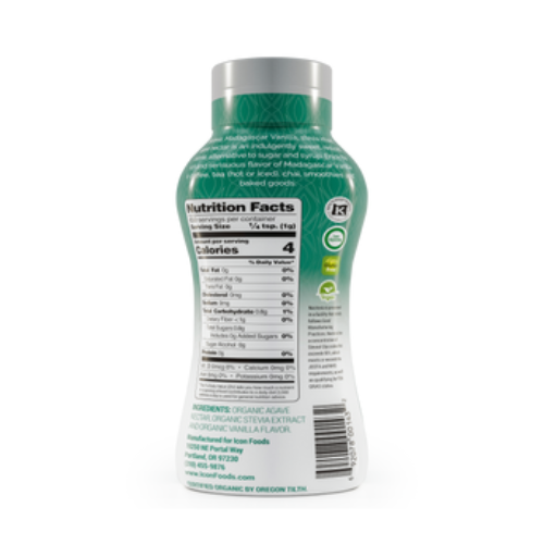Nectevia Madagascar Vanilla Agave & Stevia Syrup: bottle back with Nutrition Facts panel.