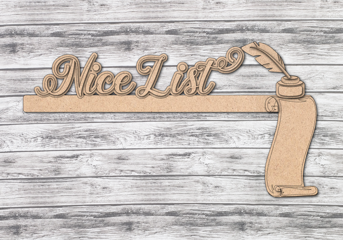 Unfinished Nice List scroll decoration for a door-frame corner