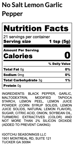 No Salt Lemon Garlic Pepper – nutrition facts panel