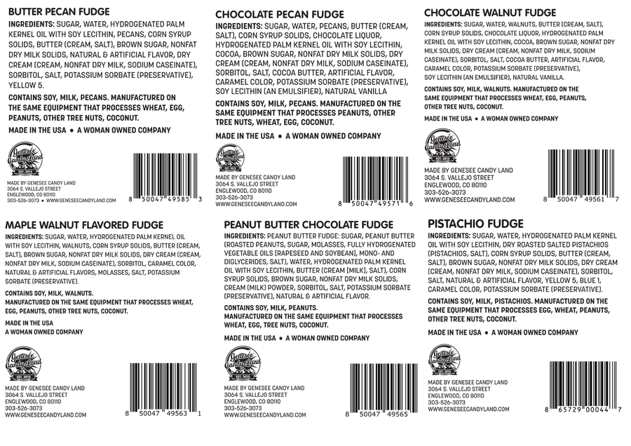 Nutty Fudge Variety Box – 6 Nut and Peanut Butter Flavors ingredient and allergen labels for included varieties