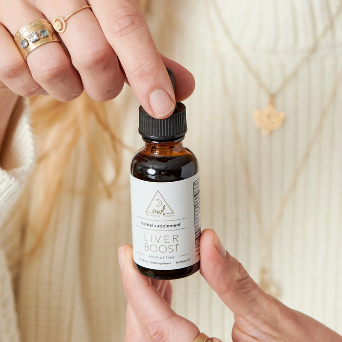 Liver Boost herbal tincture in an amber dropper bottle