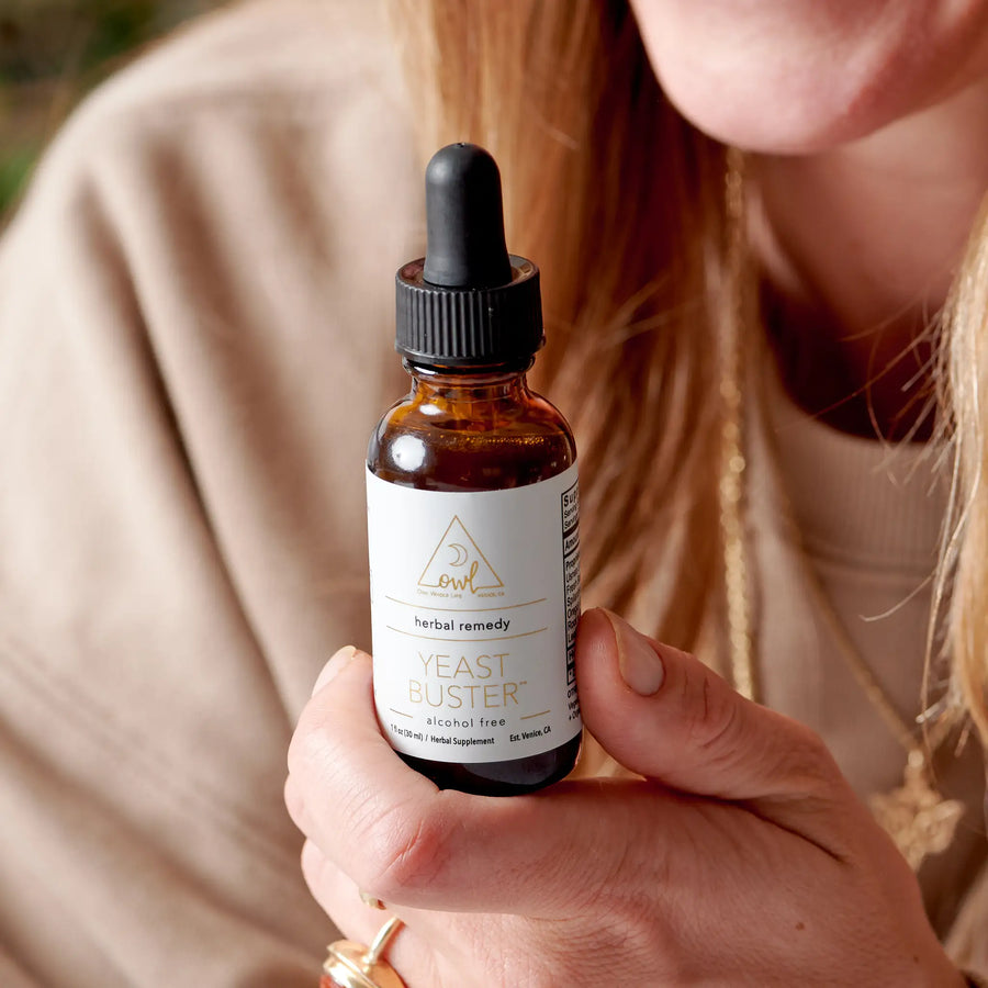 Yeast Buster alcohol-free herbal tincture in a 1 fl oz dropper bottle