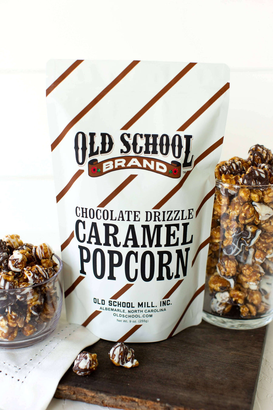 Chocolate Drizzle Caramel Popcorn — product and serving view