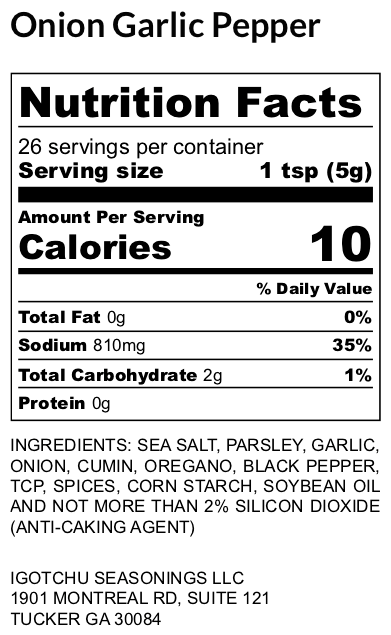 Onion Garlic pepper seasoning – nutrition facts panel