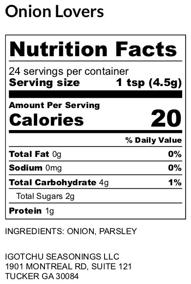 Onion Lovers seasoning – nutrition facts panel