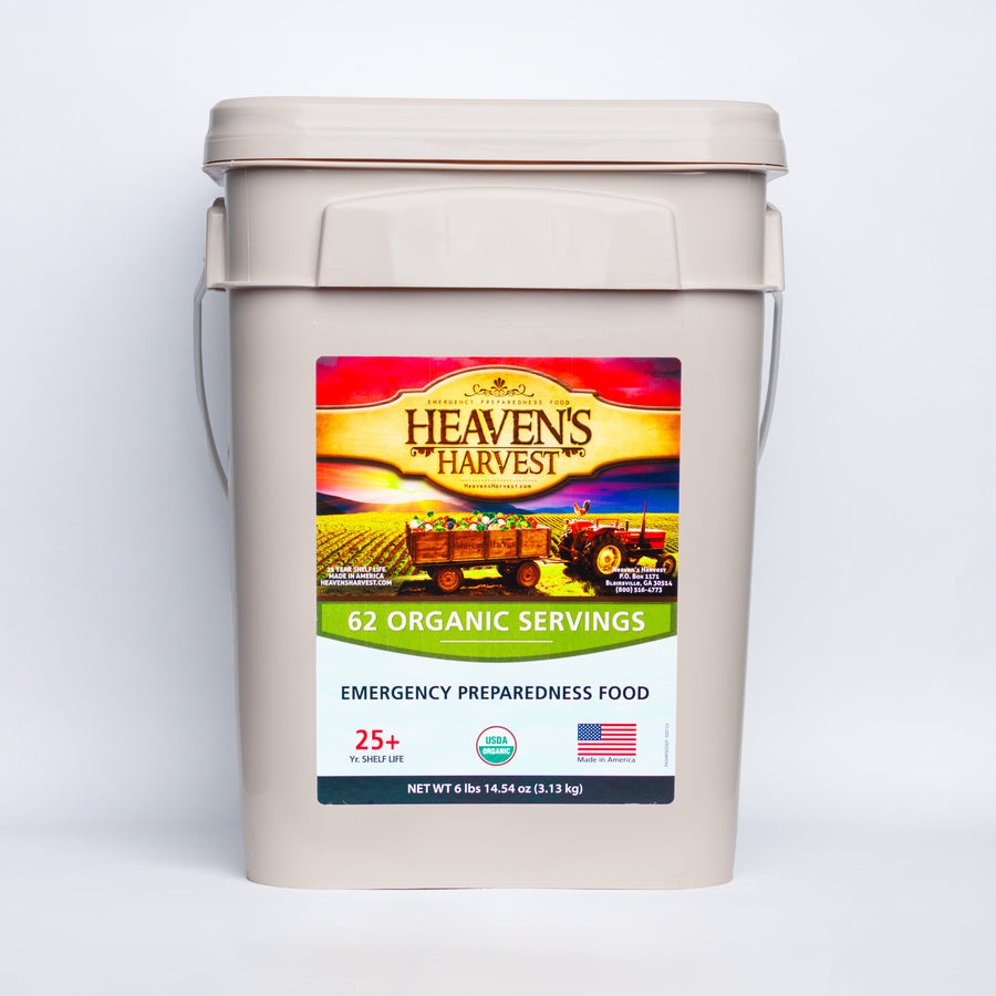 Heaven's Harvest organic emergency food bucket, front label