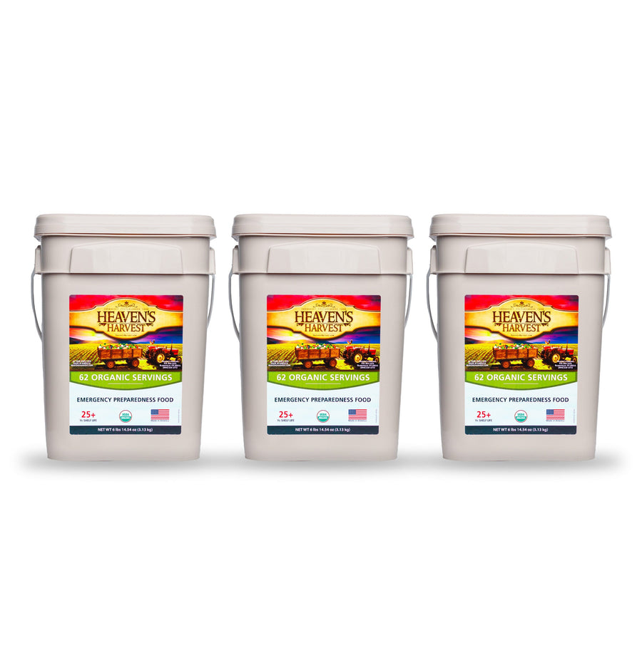 Three Heaven's Harvest organic emergency food buckets