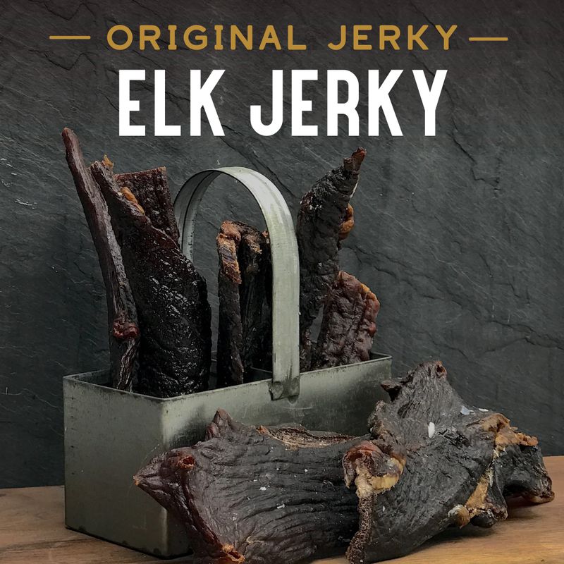 Original Elk Jerky, promotional photo with a metal carrier and strips