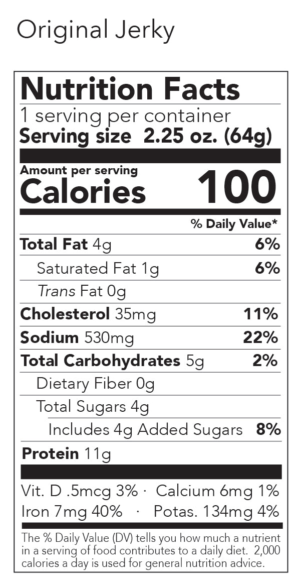 Original pork jerky nutrition information for a 2.25 oz serving