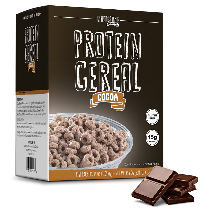 Cocoa Protein Cereal: box with cocoa cereal bowl.