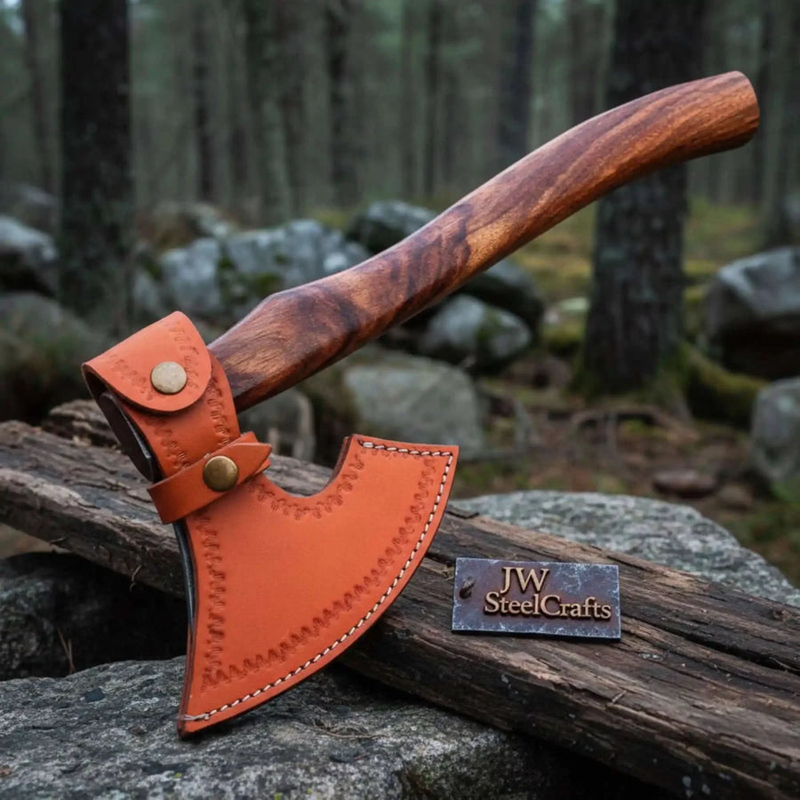 Pattern-Welded Damascus Viking Bearded Axe with Curved Rosewood Handle