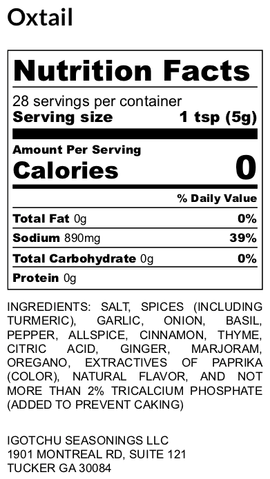 Oxtail seasoning – nutrition facts panel