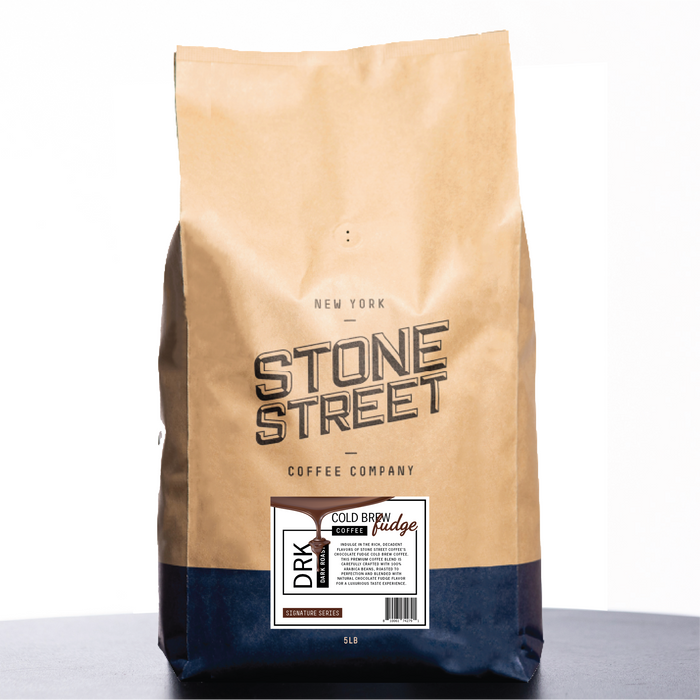 Front of the Stone Street Cold Brew Fudge coffee bag with its product label visible