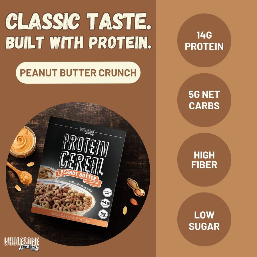 Peanut Butter Protein Cereal: feature graphic with cereal box.