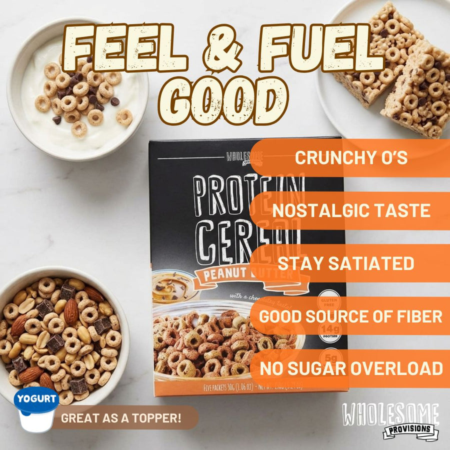 Peanut Butter Protein Cereal: cereal bowls and yogurt topping idea.