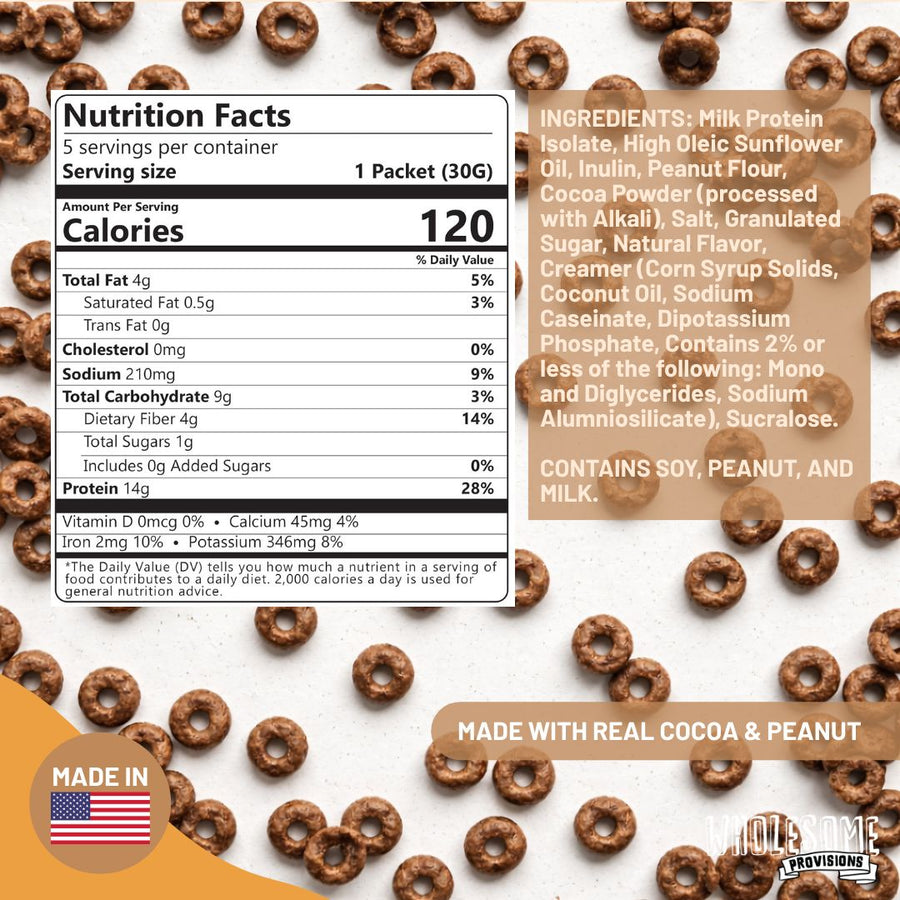 Peanut Butter Protein Cereal: Nutrition Facts and ingredient graphic.