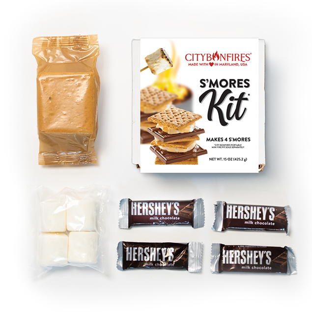Chocolate kit contents with crackers, marshmallows and four mini chocolate bars