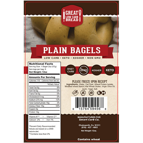 Plain Low Carb Bagels: package label with ingredients and nutrition.