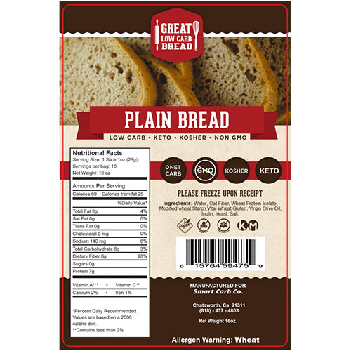 Plain Low Carb Sliced Bread: package label with ingredients and nutrition.