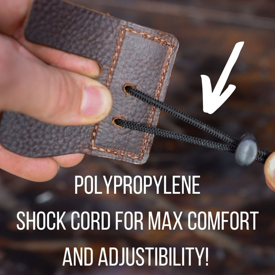 3-Under Leather Archery Tab — adjustable shock-cord feature diagram