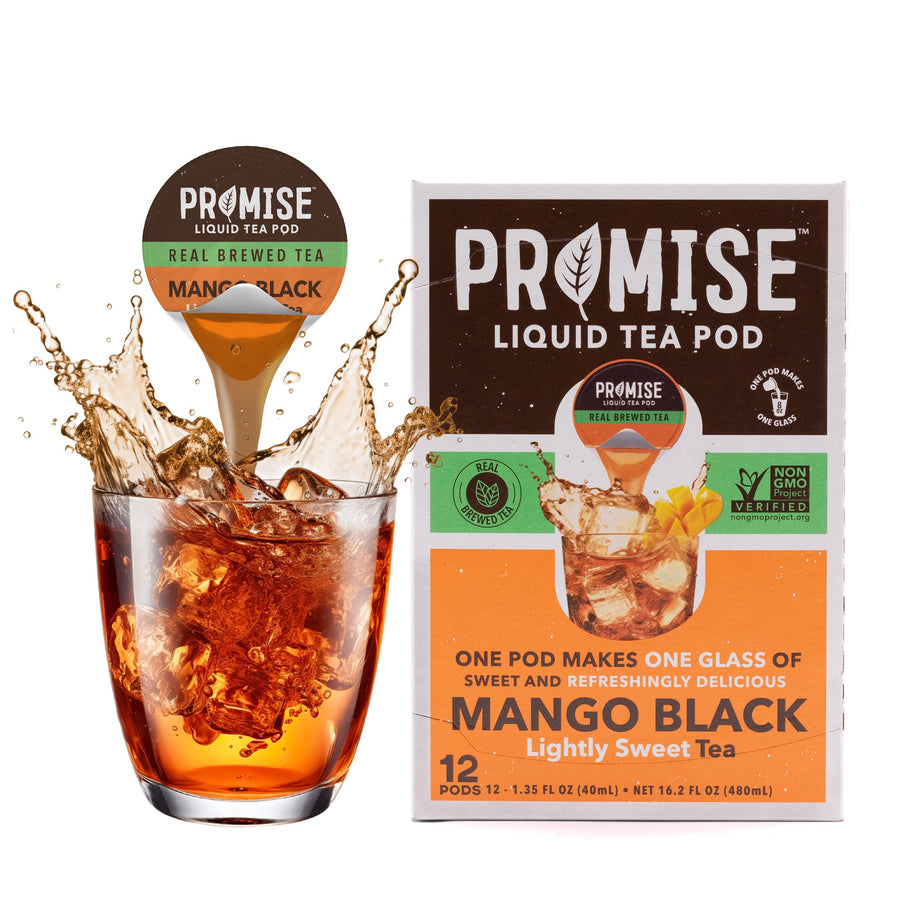 Promise Mango Black tea carton beside iced tea