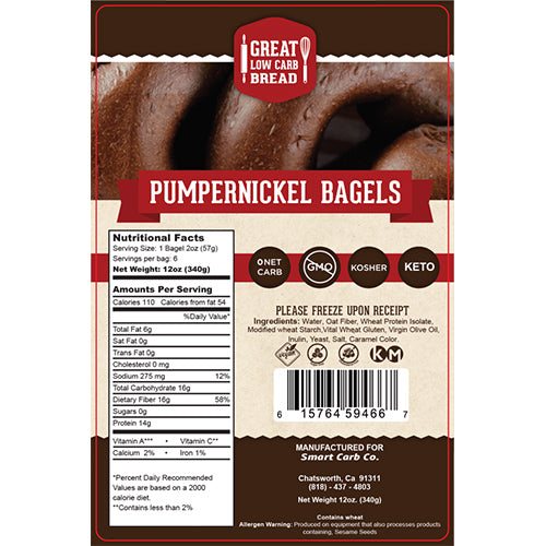 Pumpernickel Low Carb Bagels: package label with ingredients and nutrition.